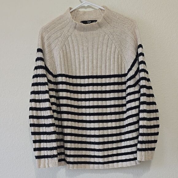 MANGO Cream and Blue Crewneck CASHMERE Sweater with Nautical Stripes M - Picture 1 of 7